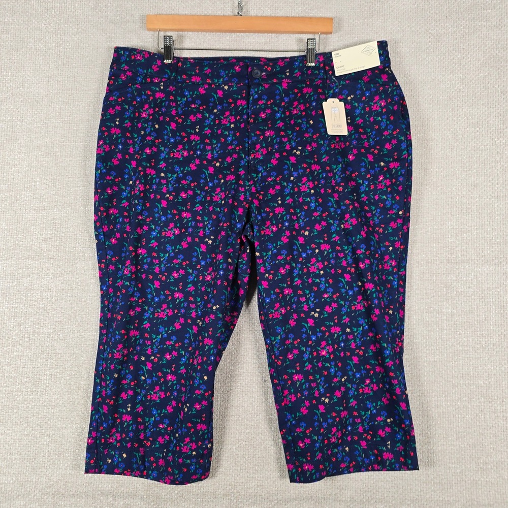 St Johns Bay Secretly Slender‎ Capri Pants 18W Navy Mae Floral Tummy Control